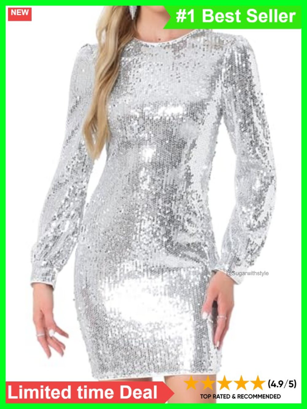 Sequin Dress Women Lantern Long Sleeve Bodycon Mini Cocktail Party